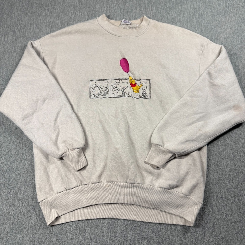 Disney‎ Crewneck S/M Off White Winnie The Pooh Embroidered Balloon VTG